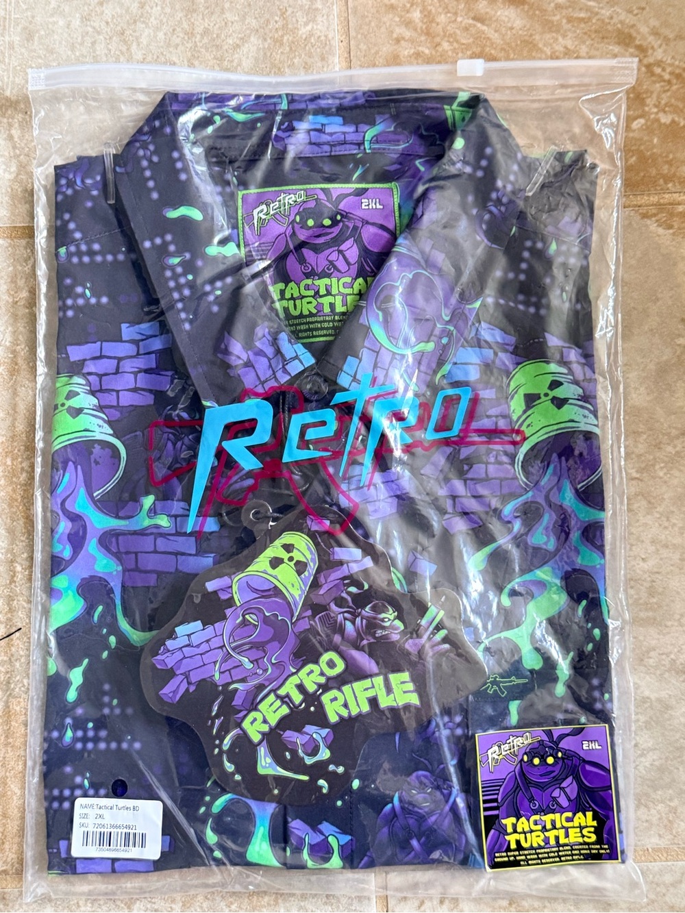 Retro Rifle 2XL Tactical Turtles Graphic Shirt — Neon Purple & Green
